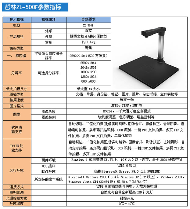 哲林ZL-500F高拍仪产品参数
