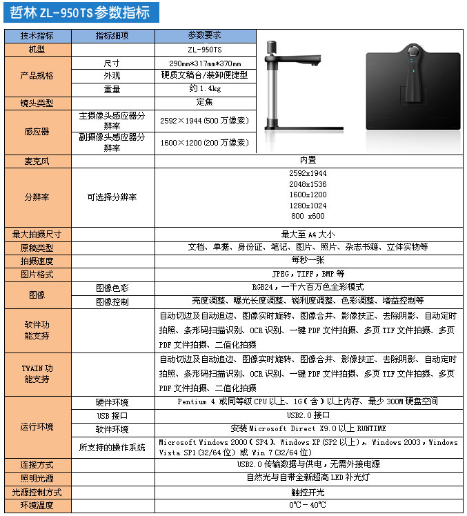 哲林ZL-500TS高拍仪产品参数